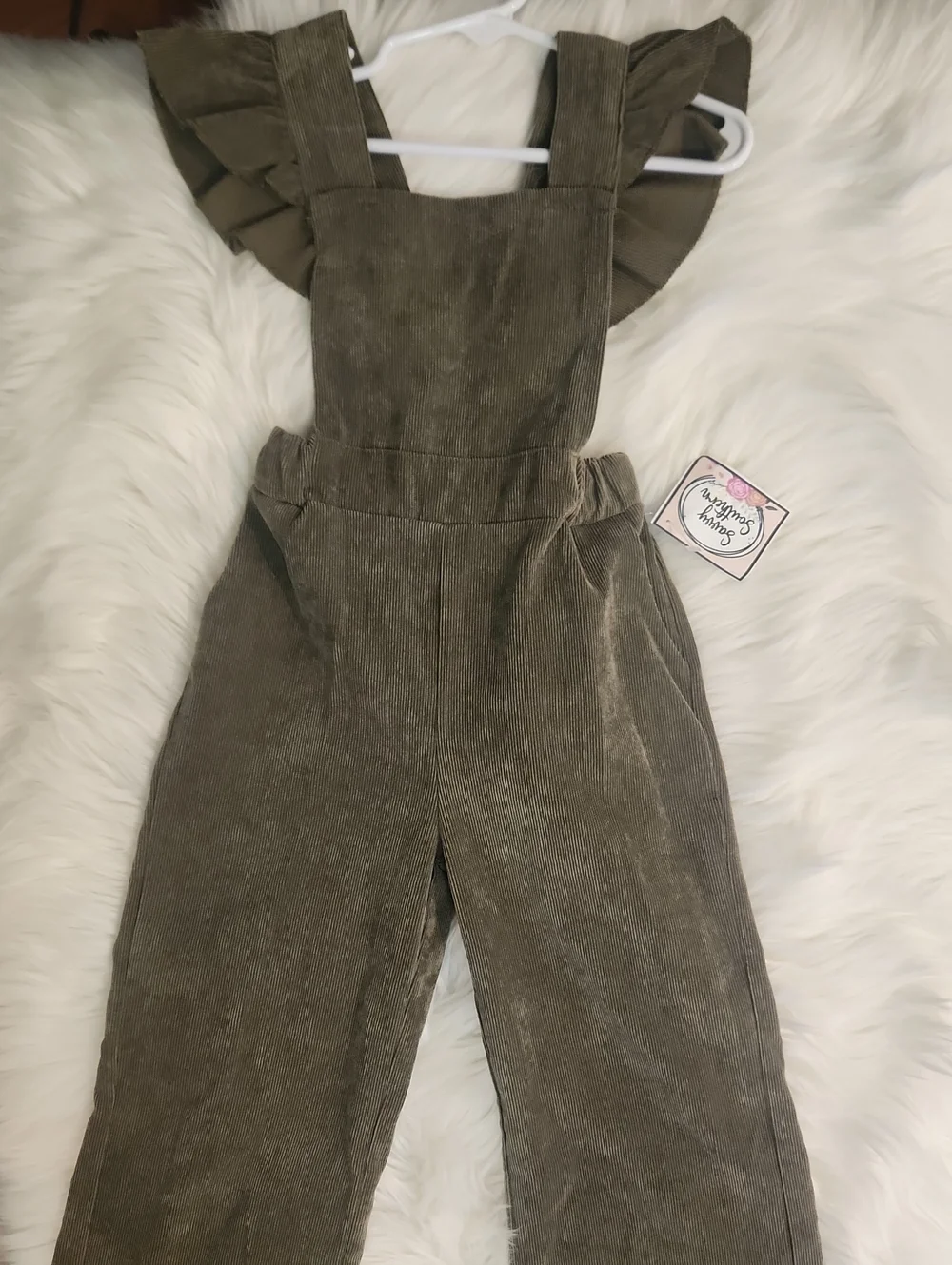 Corduroy Ruffle Strap Jumpsuit - Olive Green - Girls Size: 5-6